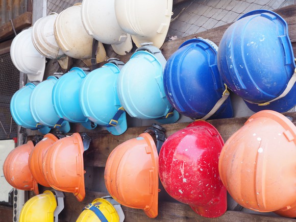 colorful construction helmets.