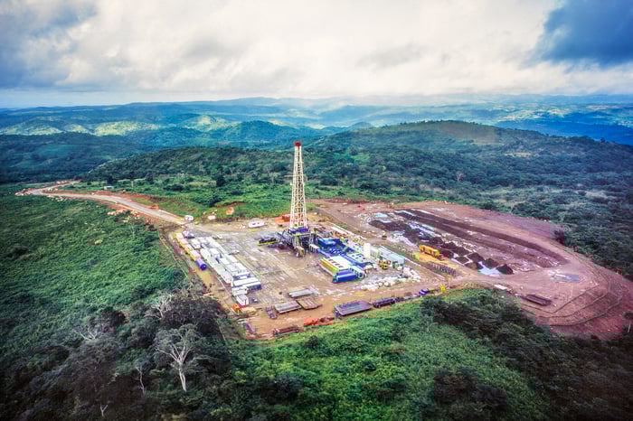 A drilling pad in the mountains. 