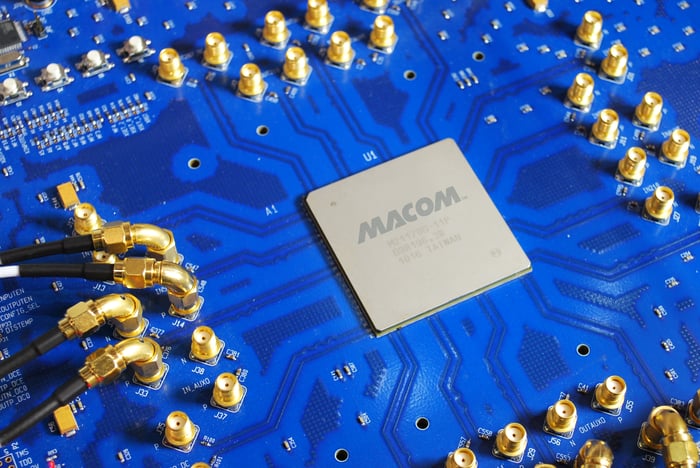 A semiconductor chip with the MACOM label on it.