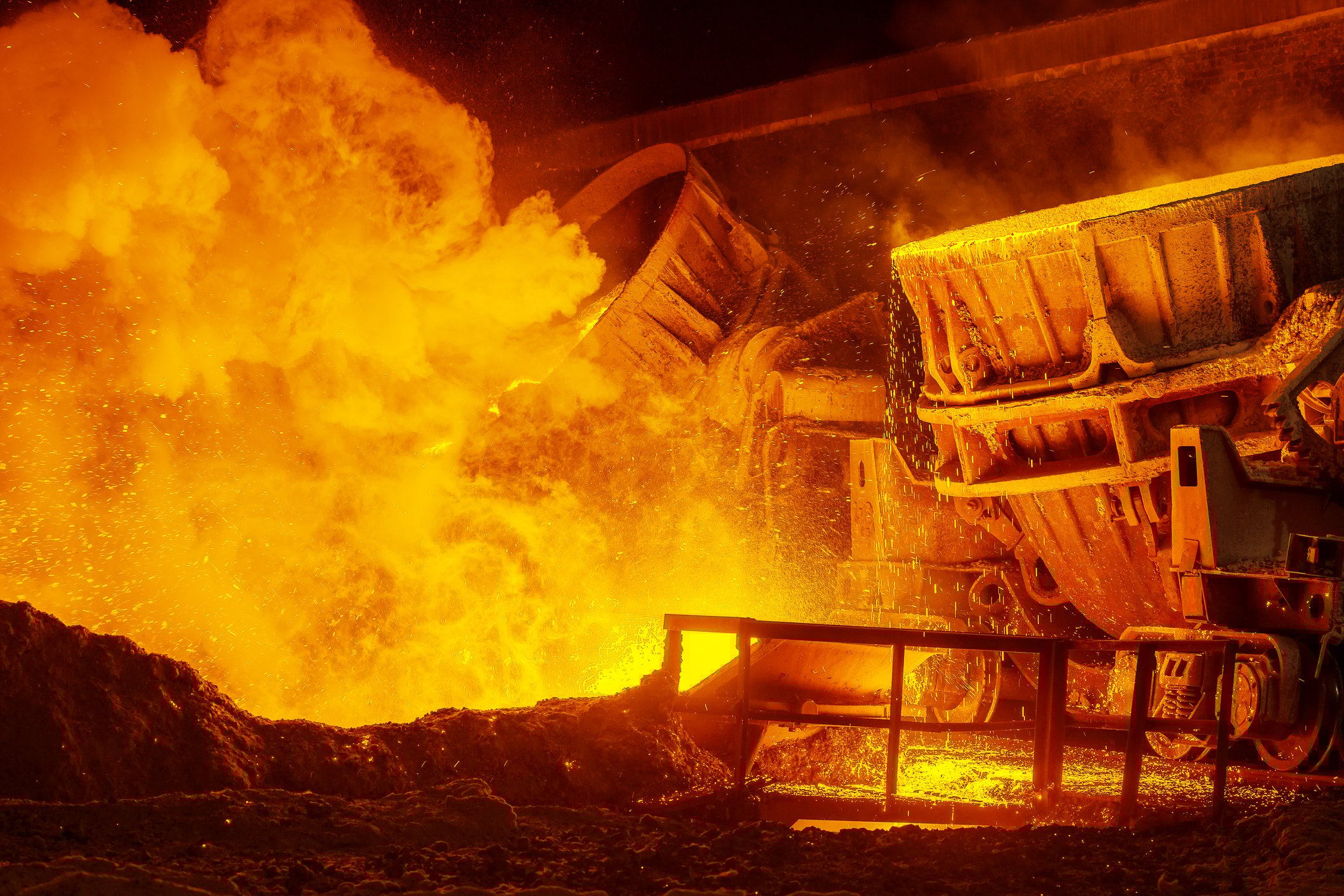 Molten steel being manufactured in a steel mill. 