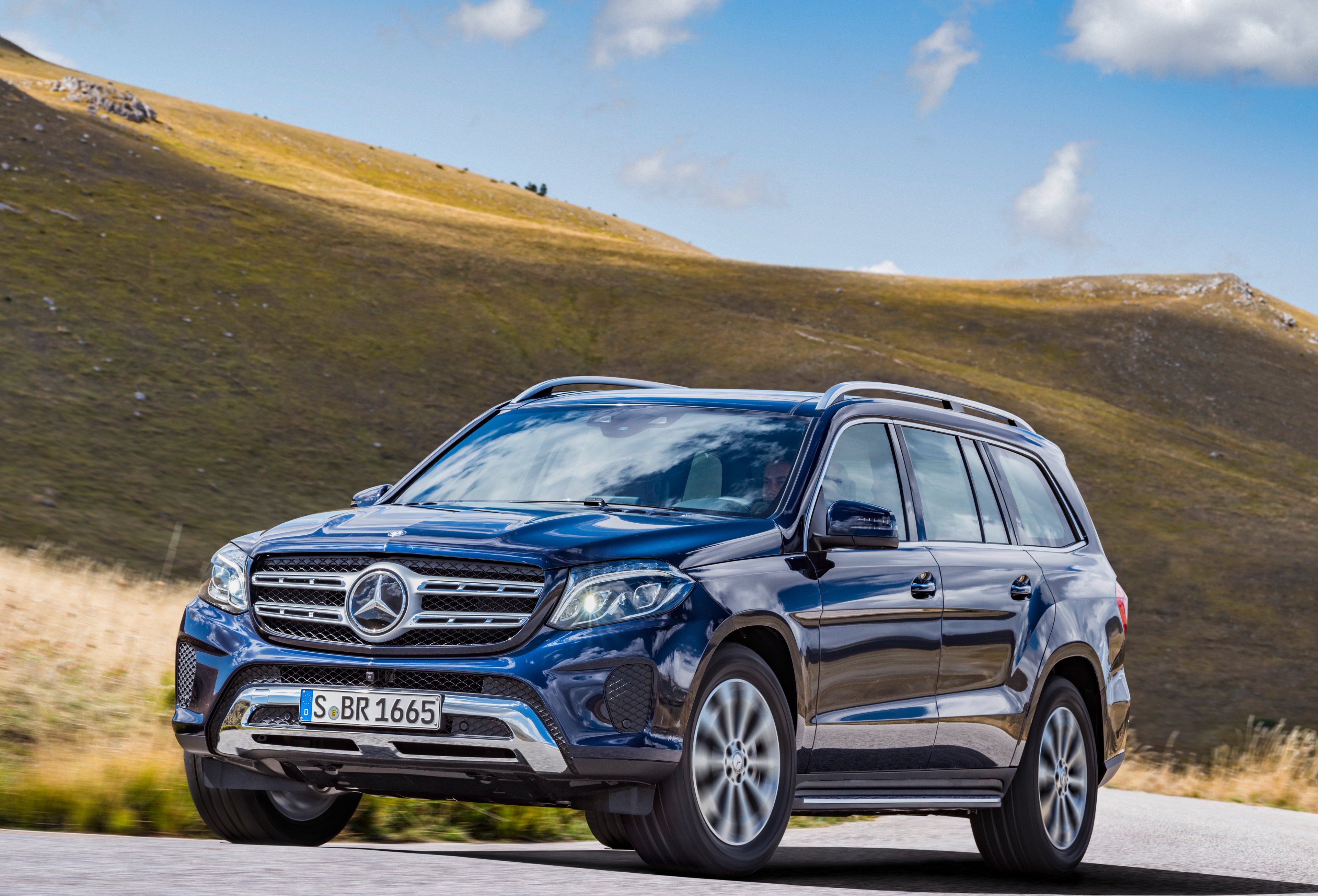 A blue Mercedes-Benz GLS SUV. 