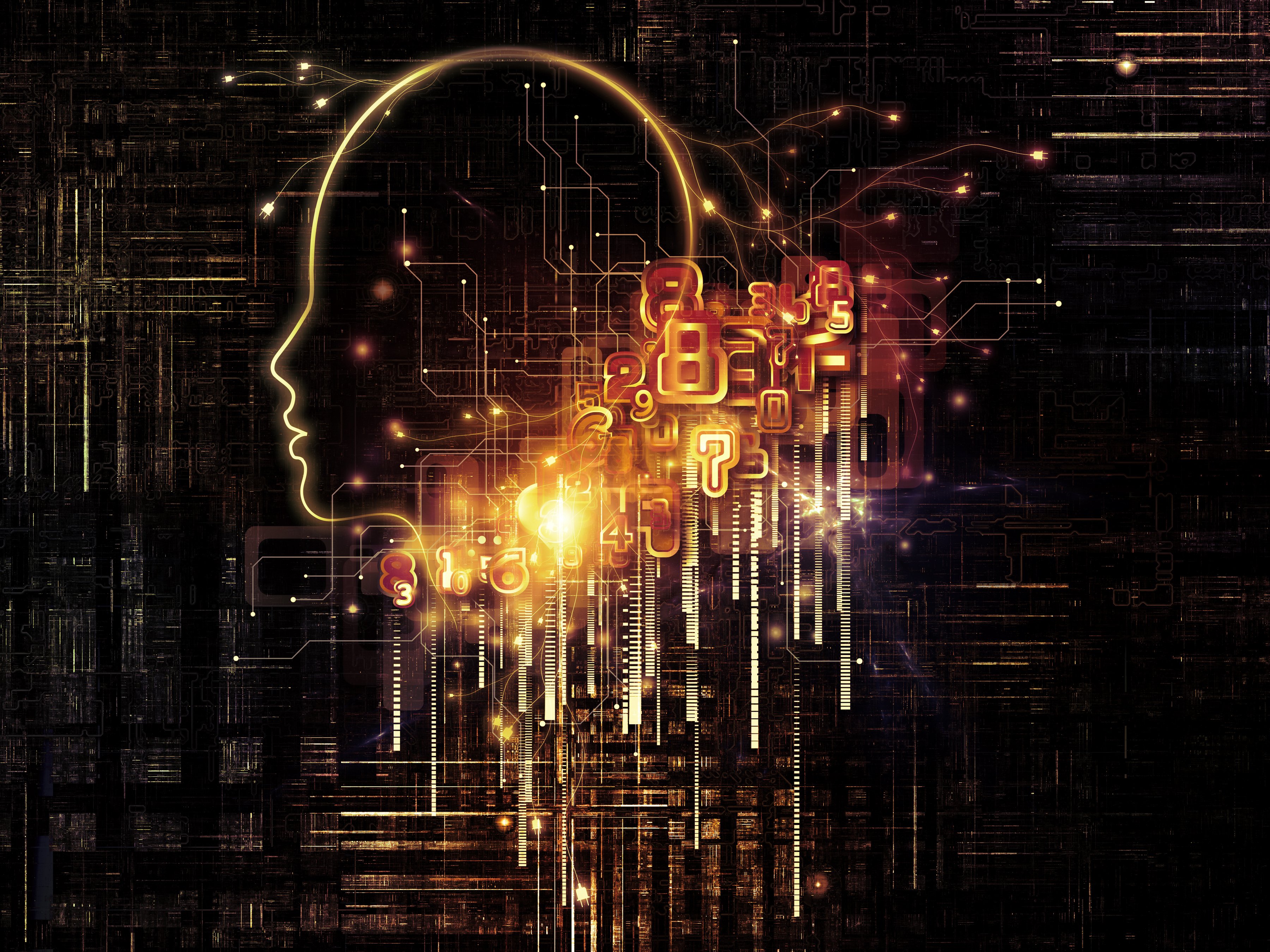 Outline of a head on black background with technology around it.