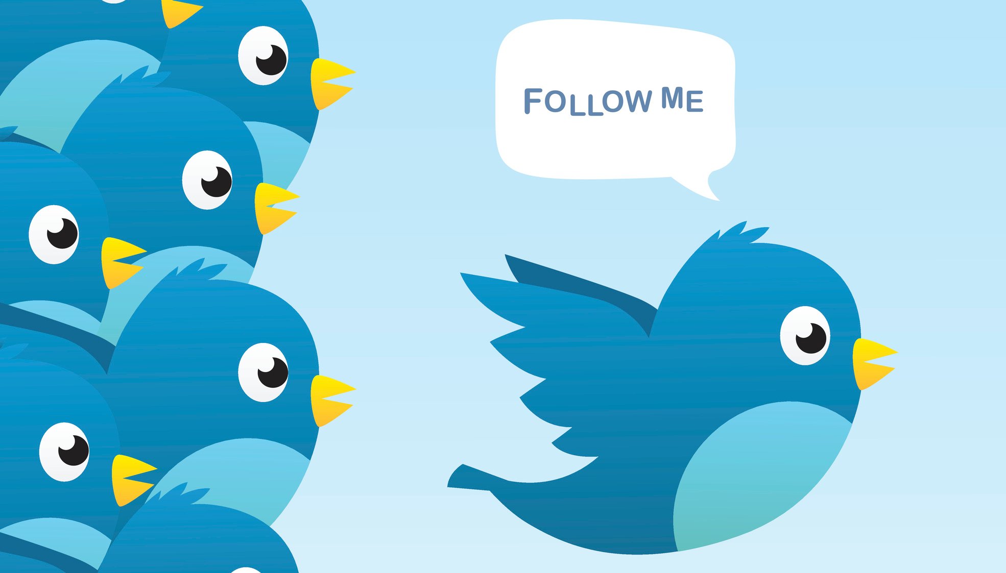 Illustration of numerous blue birds following another blue bird