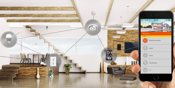 A smartphone demonstrating Silicon Labs Internet of Things concept in a home.