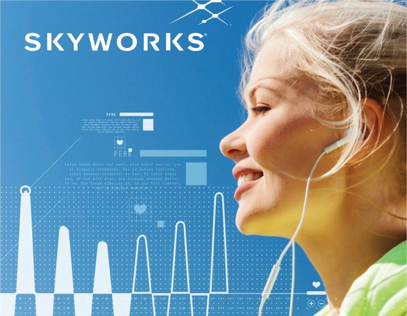 A picture of a woman in front of the Skyworks logo.