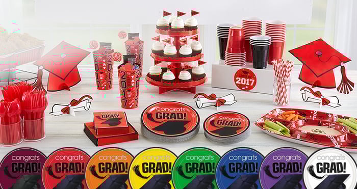 An arrangement of grad-party merchandise.