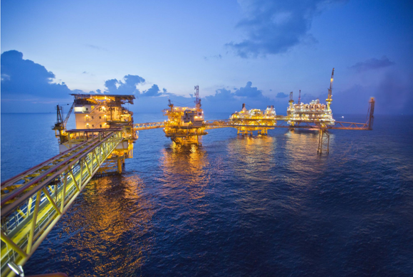 Chevron oil platform at night