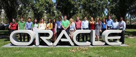 A few Oracle employees at its headquarter.