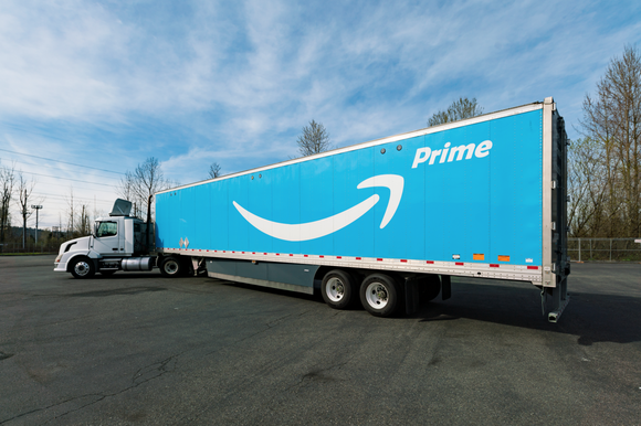 A tractor-trailer displaying the Amazon Prime logo