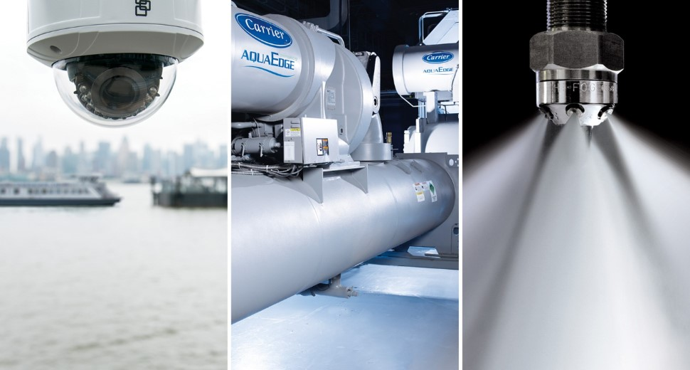 Products from the CCS division: a security camera, Carrier refrigerated container, and mister.