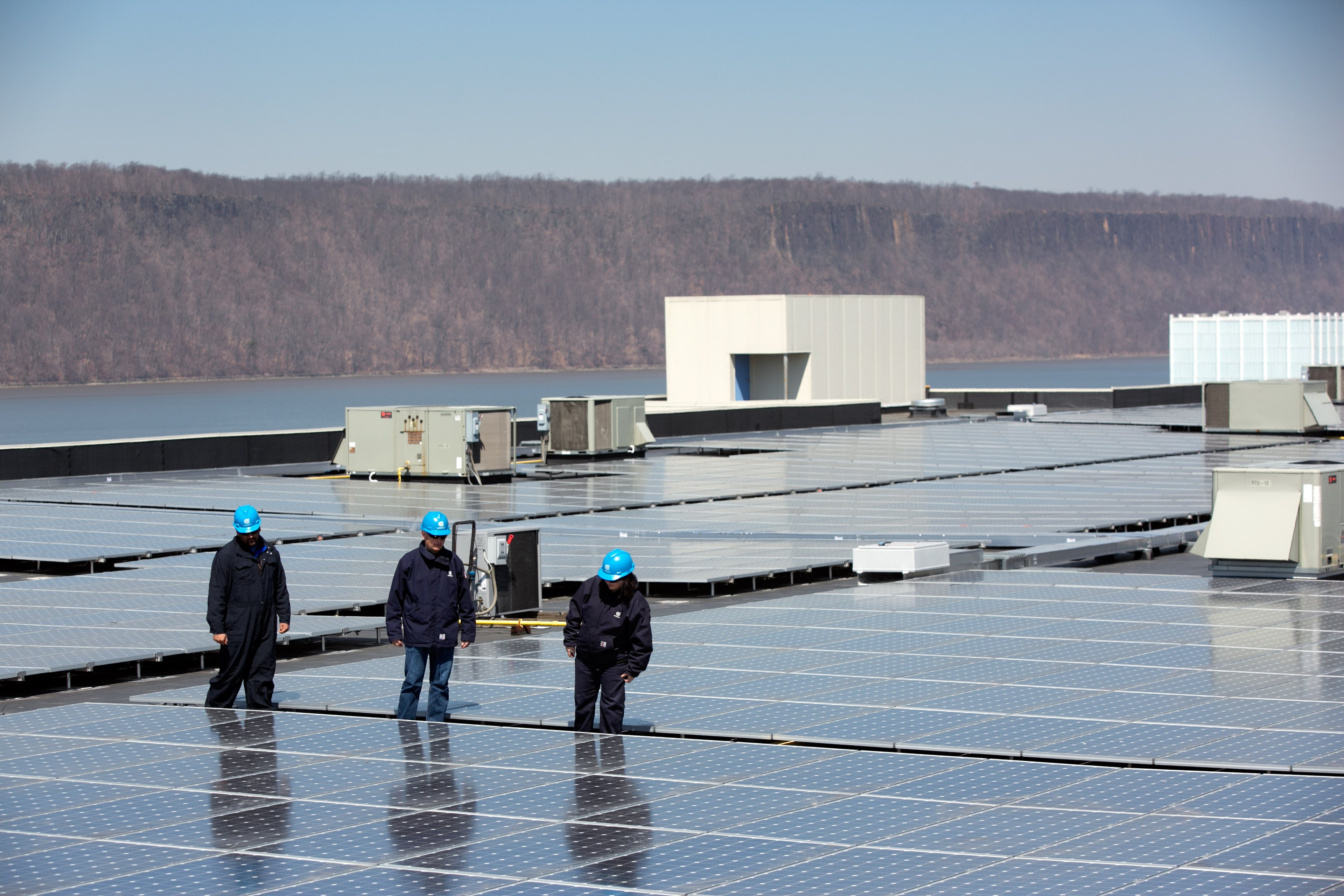 Workers looking at solar field.
