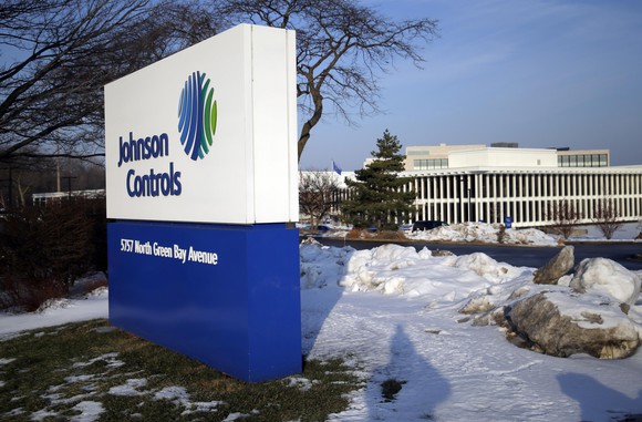 Sign with Johnson Controls logo.
