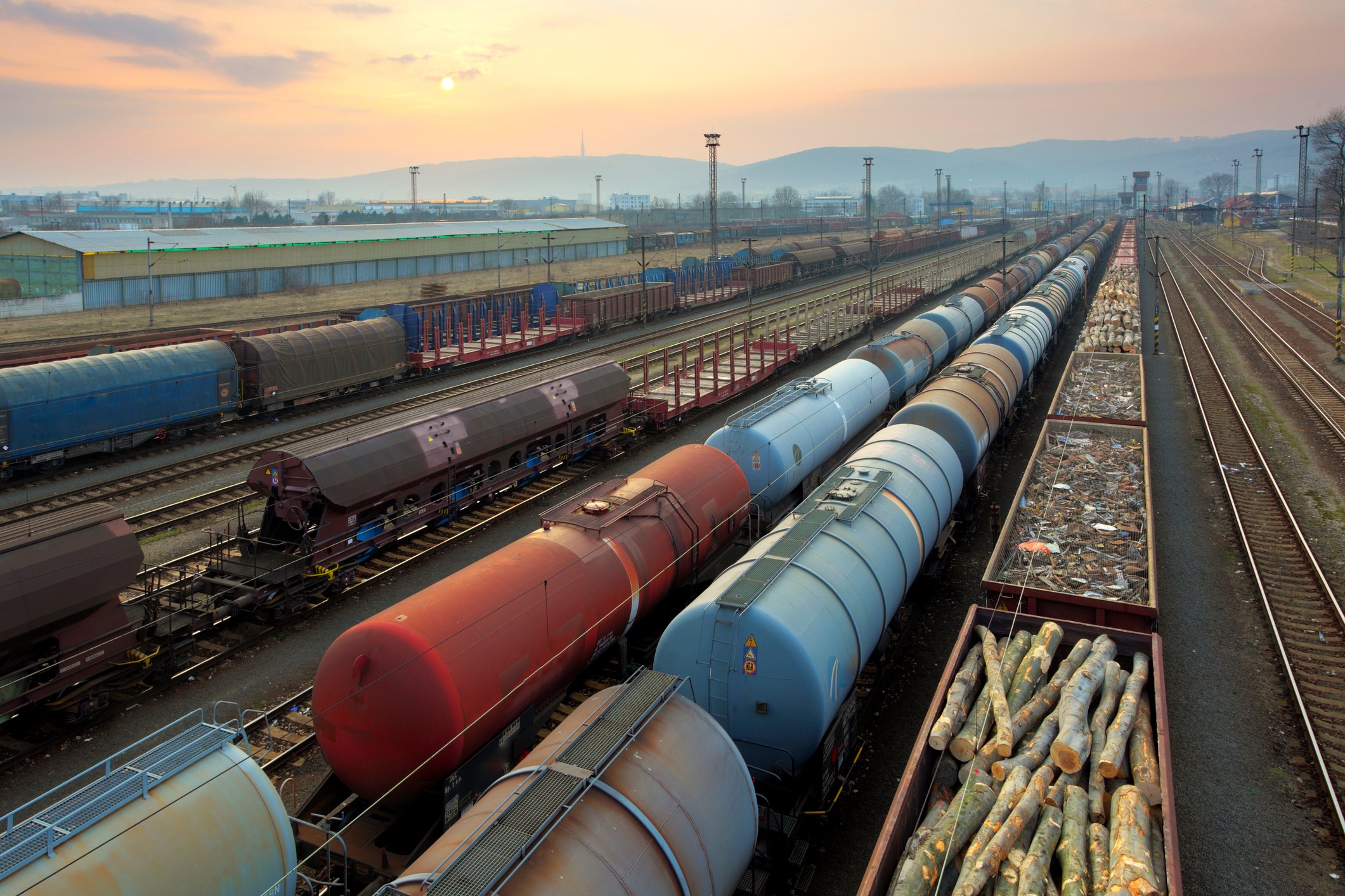 Freight trains and railways at sunset.