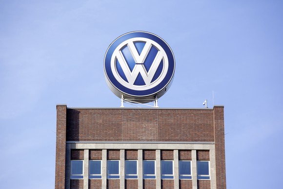 A close-up of the VW sign atop the company's headquarters building. 