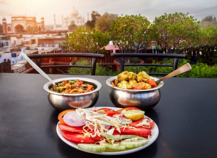 Indian food in front of the Taj Mahal