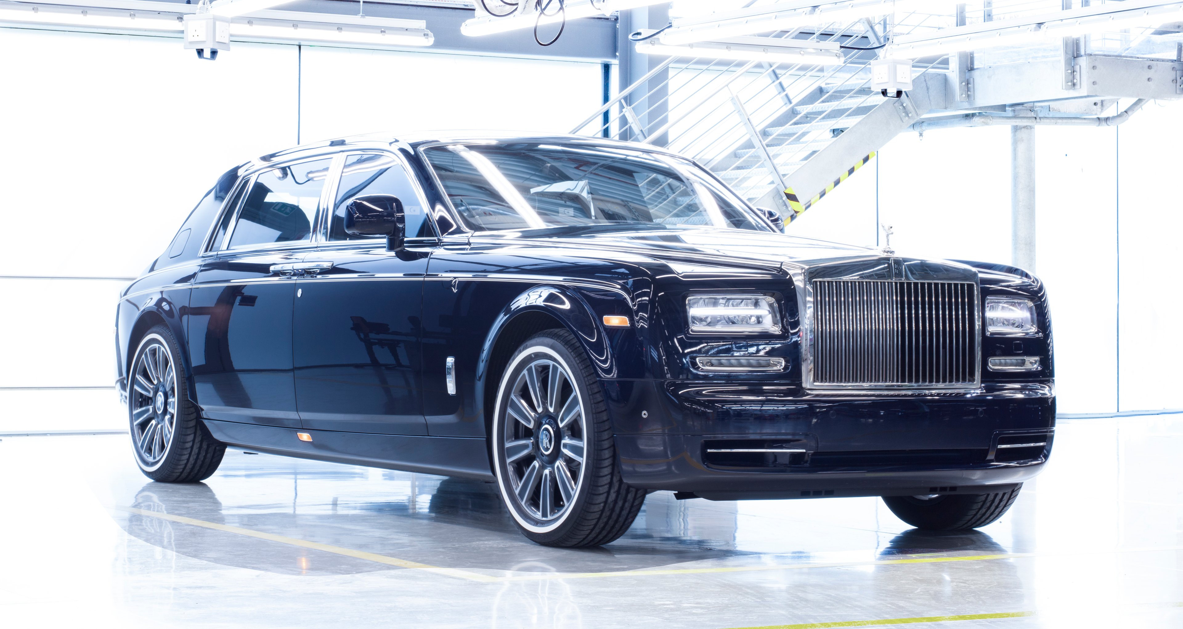 A black Rolls-Royce Phantom at the company's factory.