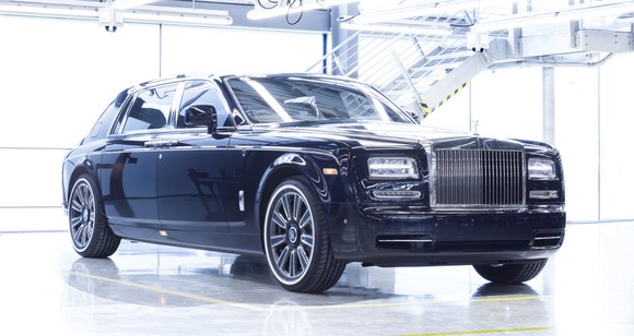 A black Rolls-Royce Phantom at the company's factory.