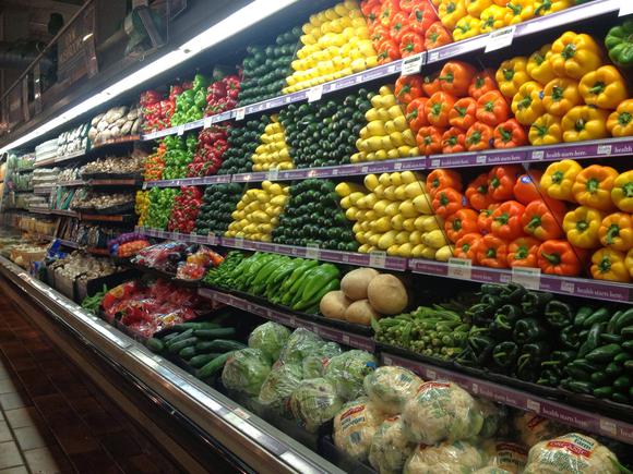 A fresh vegetable display at a Whole Foods store.