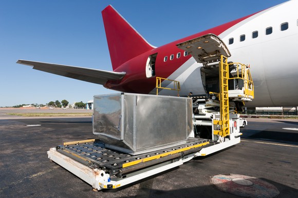 Cargo being loaded onto a cargo airplane