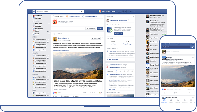Illustration of Facebook News Feed on both desktop and mobile