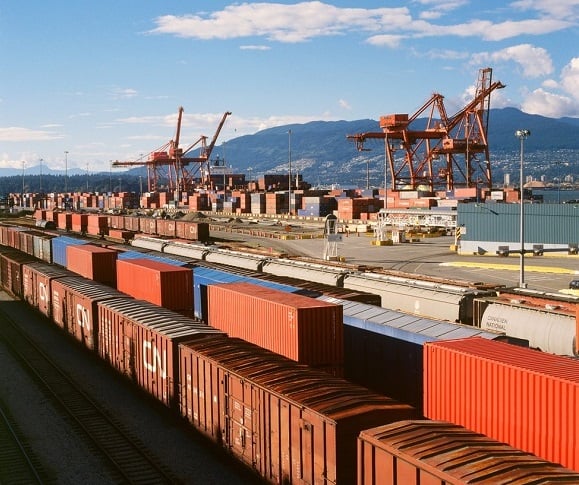 Transmodal shipping containers at port in Vancouver