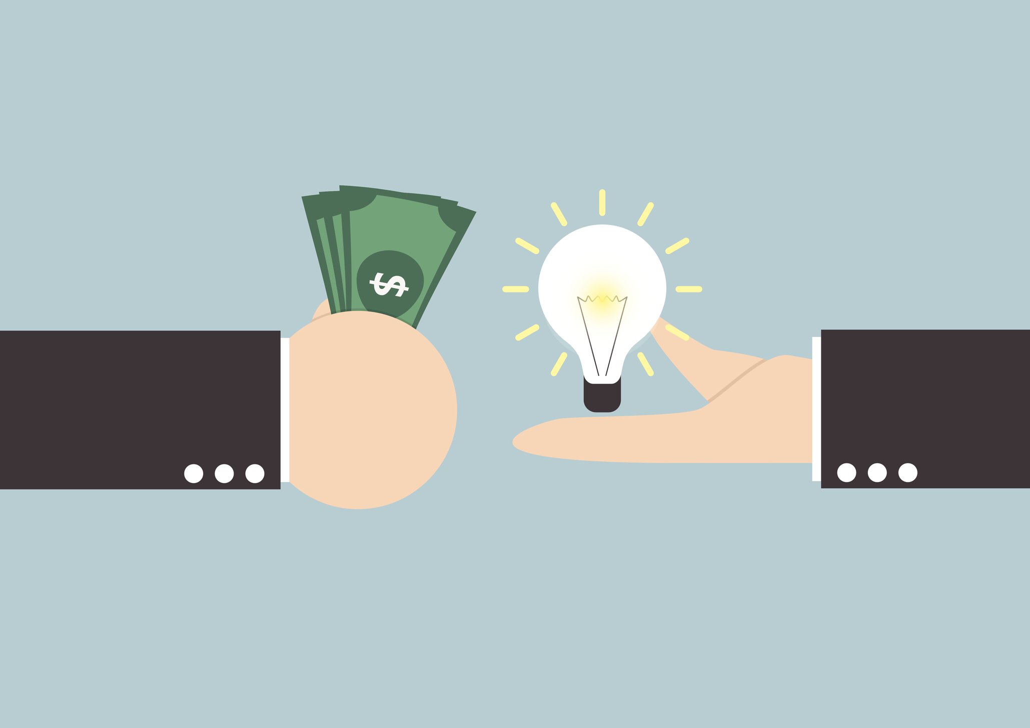 Illustration of a light bulb being exchanged for a fistfull of cash.