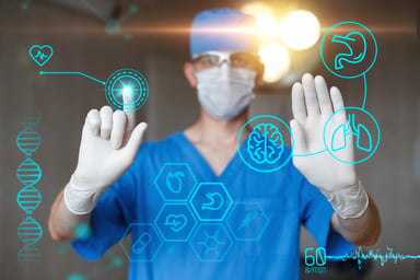 Surgeon touching screen with medical icons