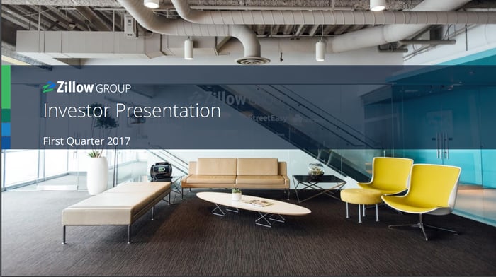 A Zillow lobby is shown in the background of a Q1 presentation slide.