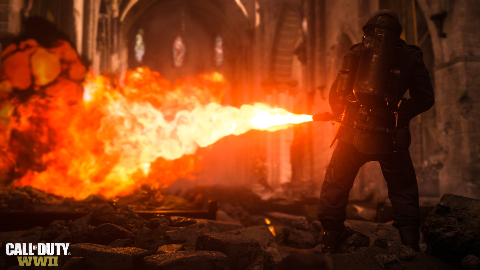 A video-game soldier firing a flame thrower. 