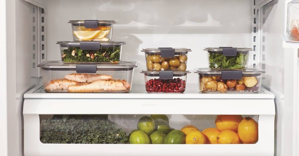 Rubbermaid containers in a refrigerator. 