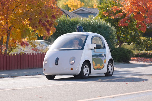 Google's self-driving car driving down a road.
