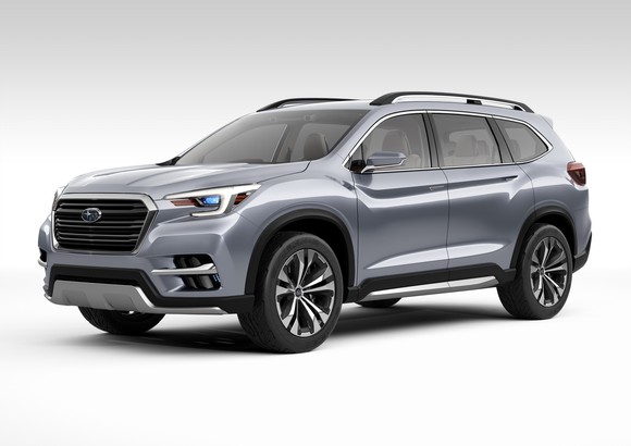 The Subaru Ascent concept vehicle, a silver SUV. 