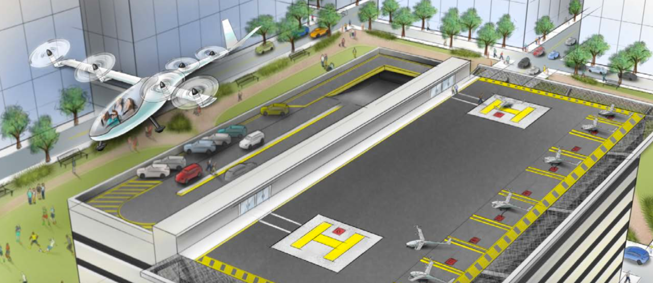 Graphic of a flying car taking off from a roof.