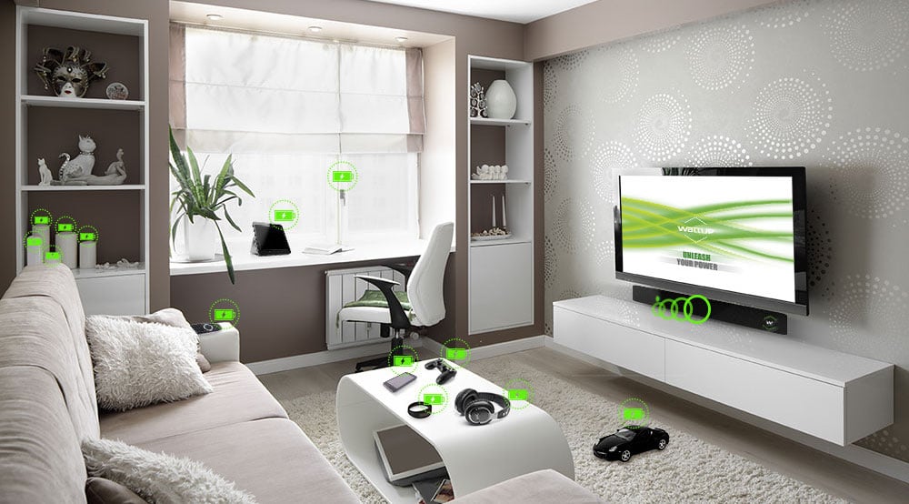 A living room with device that use wireless electricity.