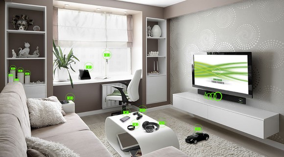 A living room with device that use wireless electricity.