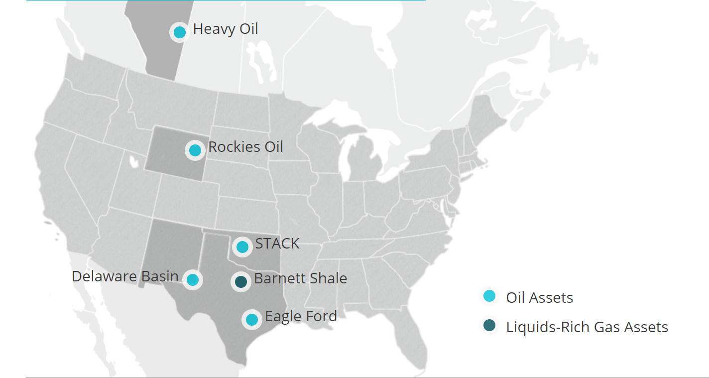 A map of North America showing key areas of operations. The recent sales in the Barnett Shale region of Texas are highlighted.
