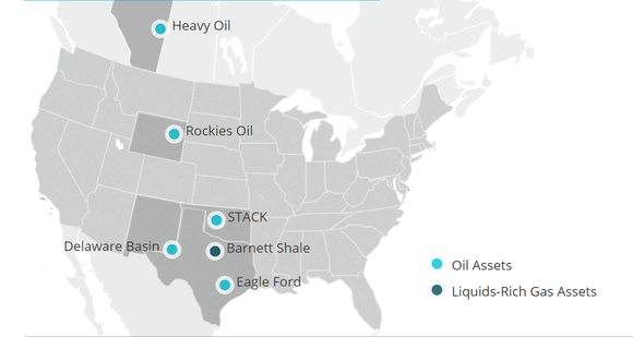 A map of North America showing key areas of operations. The recent sales in the Barnett Shale region of Texas are highlighted.