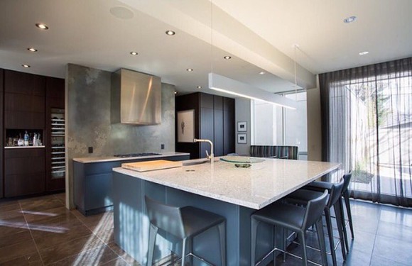 A white Caesarstone kitchen countertop.
