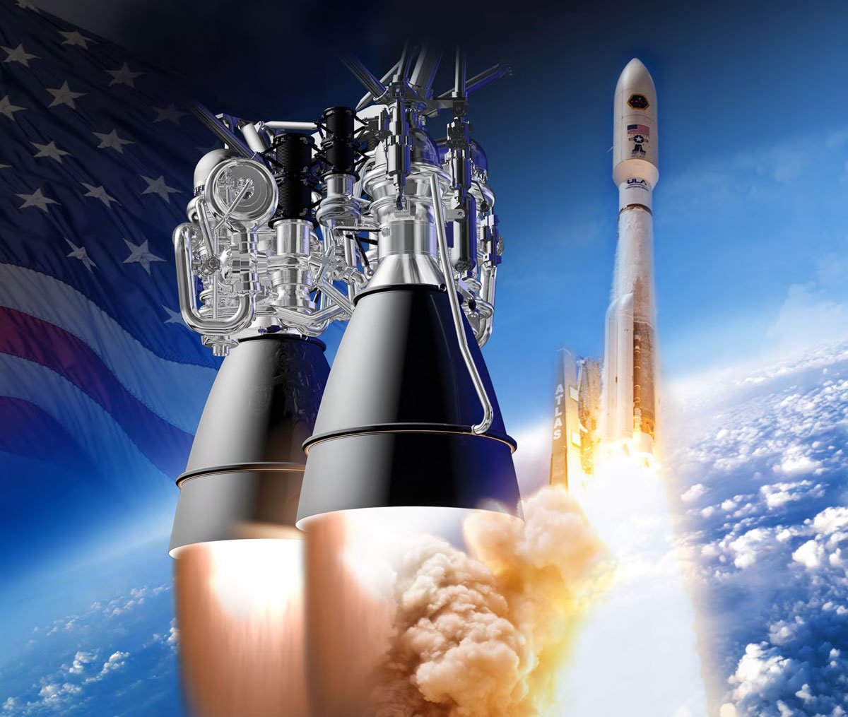 AR-1 rocket engine, against a stylized background with a blue sky, rocket, and American flag