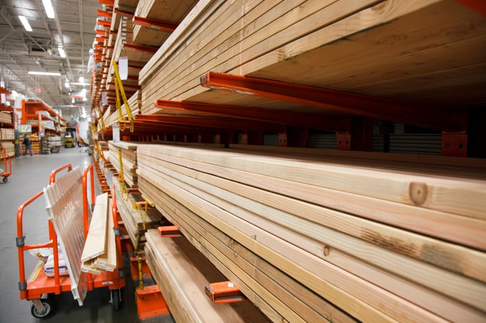 Lumber stacked in a a home improvement store.