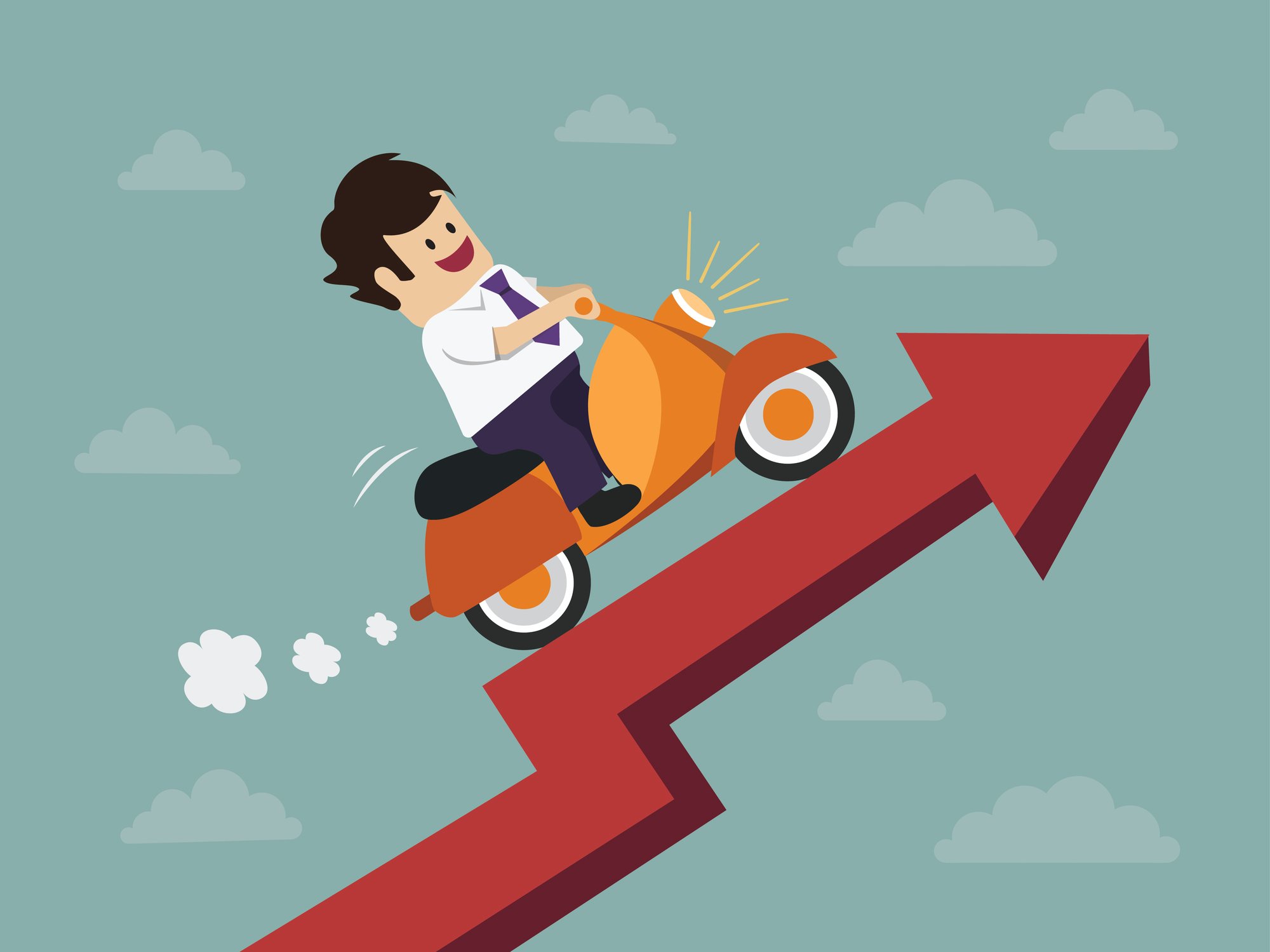 Man riding a scooter up a stock chart.