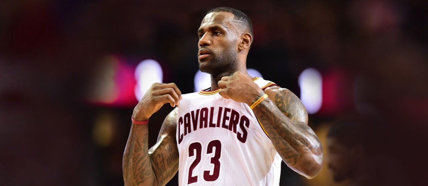 Lebron James wearing Cleveland Cavaliers No. 23 jersey.