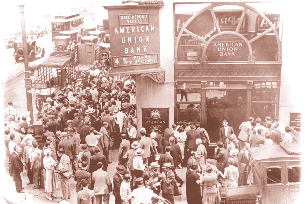 People line up outside a bank for a bank run.