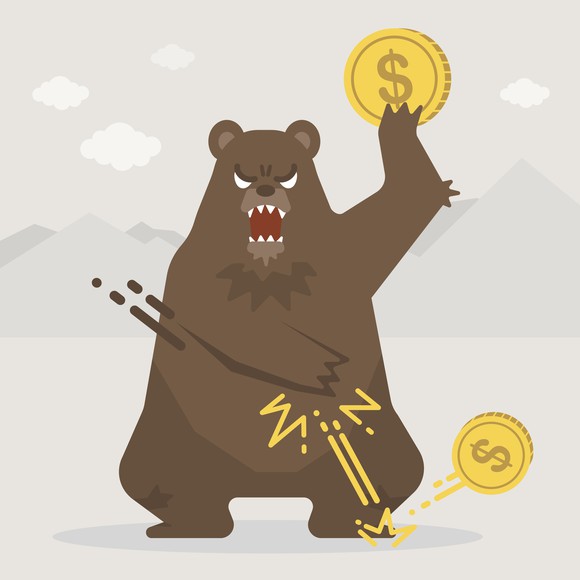 Cartoon bear throws coins angrily and growls.