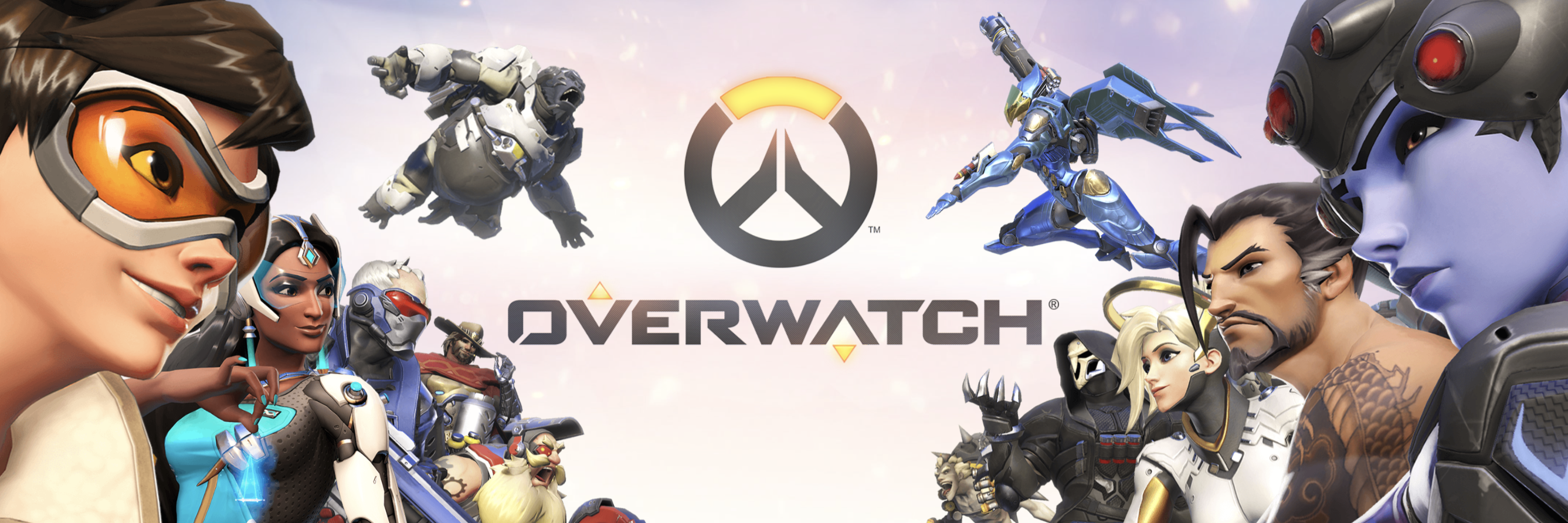 Overwatch game box art of characters facing each other from two sides with the title in the middle.