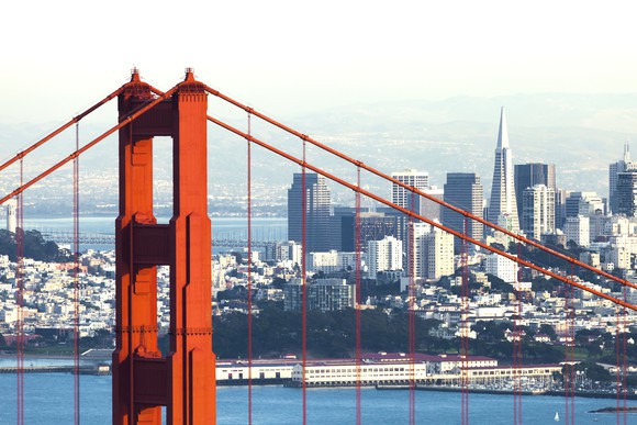 A picture of San Francisco with the Golden Gate Bridge in the foreground.