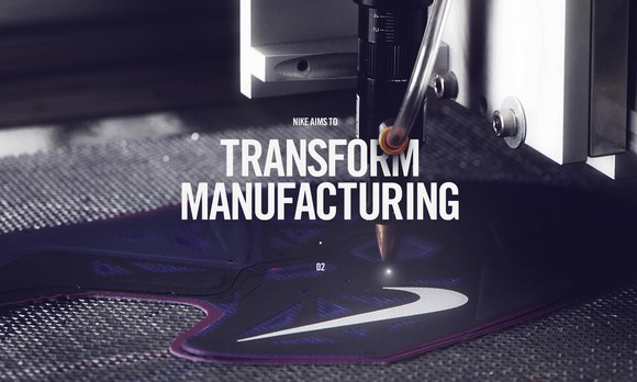 An automated needle on a Nike logo with the text "Nike wants to transform manufacturing."