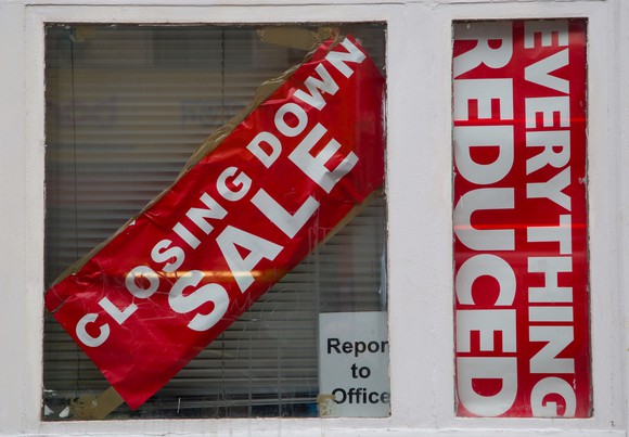 A store window with going-out-of business signs