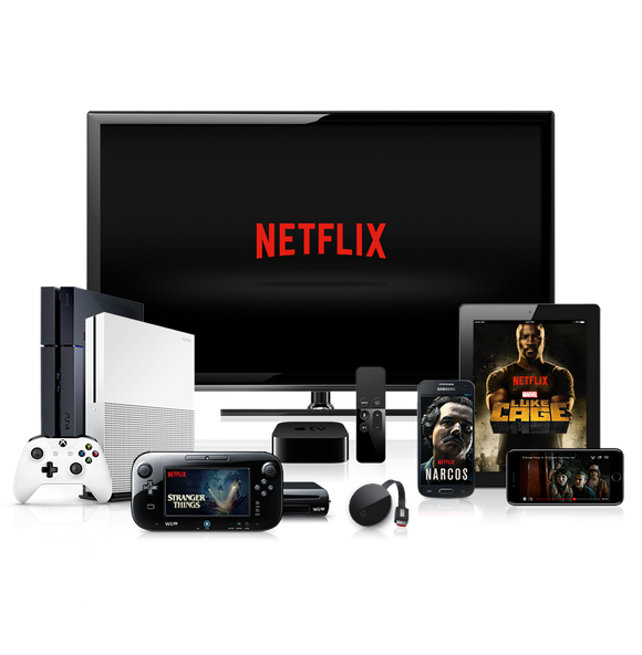 Various Netflix-supported devices displaying the company logo