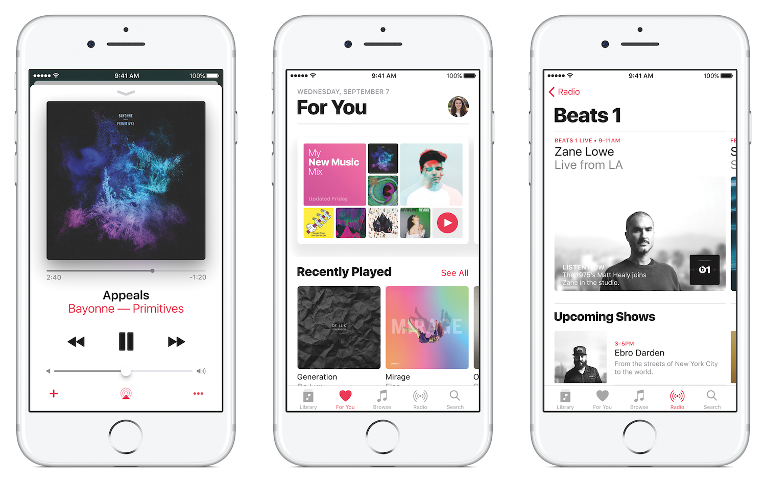 Three iPhone images showing the Apple Music app.